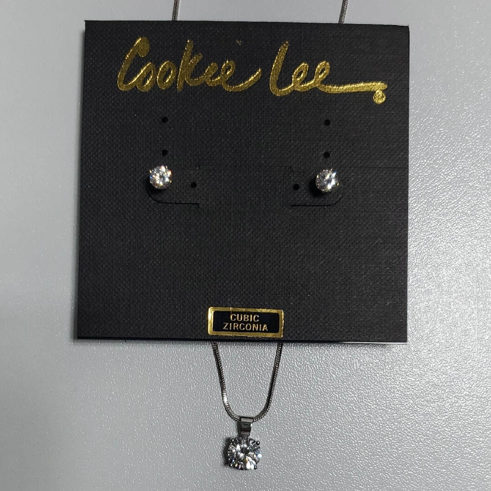 Cookie Lee Silver Cubic Zirconia Earring Necklace Set